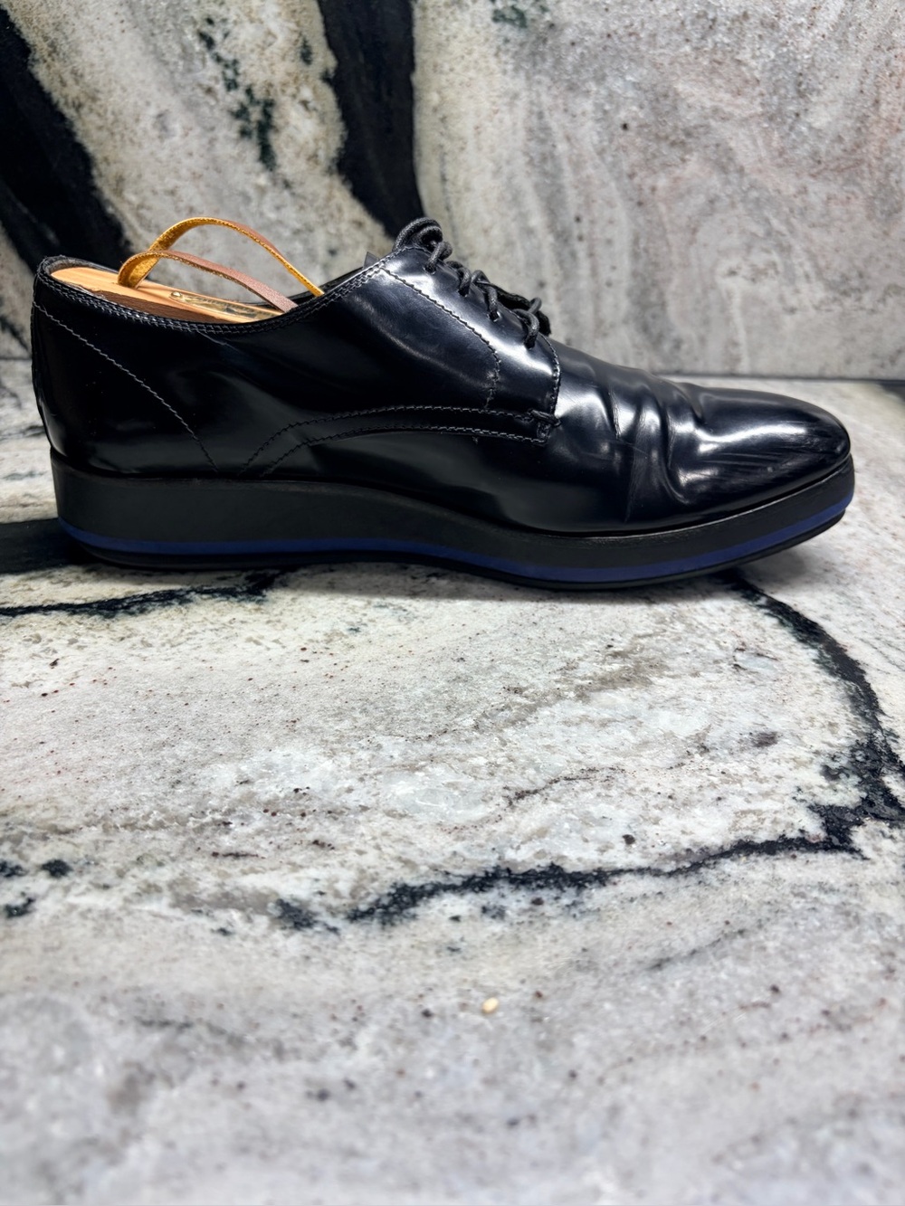 Prada Black Leather Derby Shoes Blue Rubber Sole Women’s EU 37 US 7 Italy - Picture 5 of 11